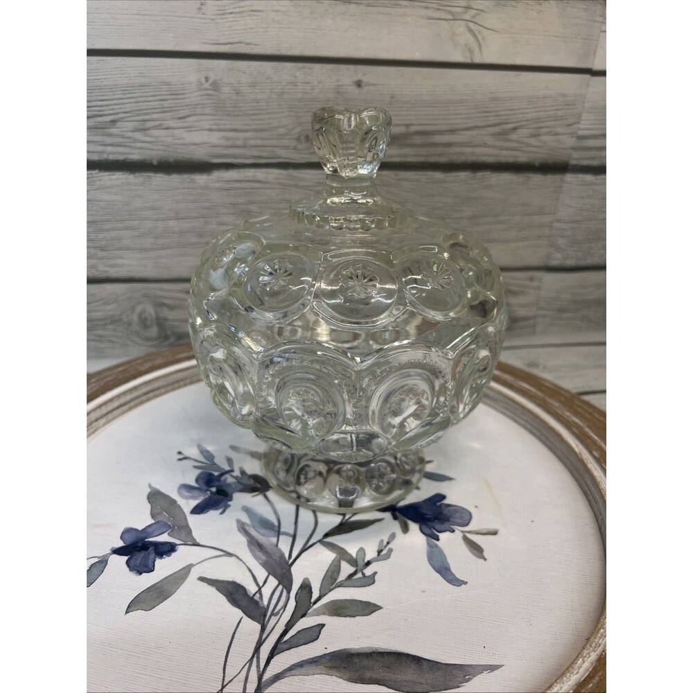Vintage LE Smith  Moon and Star Clear Glass Round Compote Candy Dish Lidded